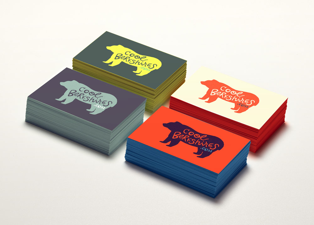 Handdrawn bear illustration typography colourful business cards for Bershires tourism. Design by Brittany Hurdle beckon webeckon