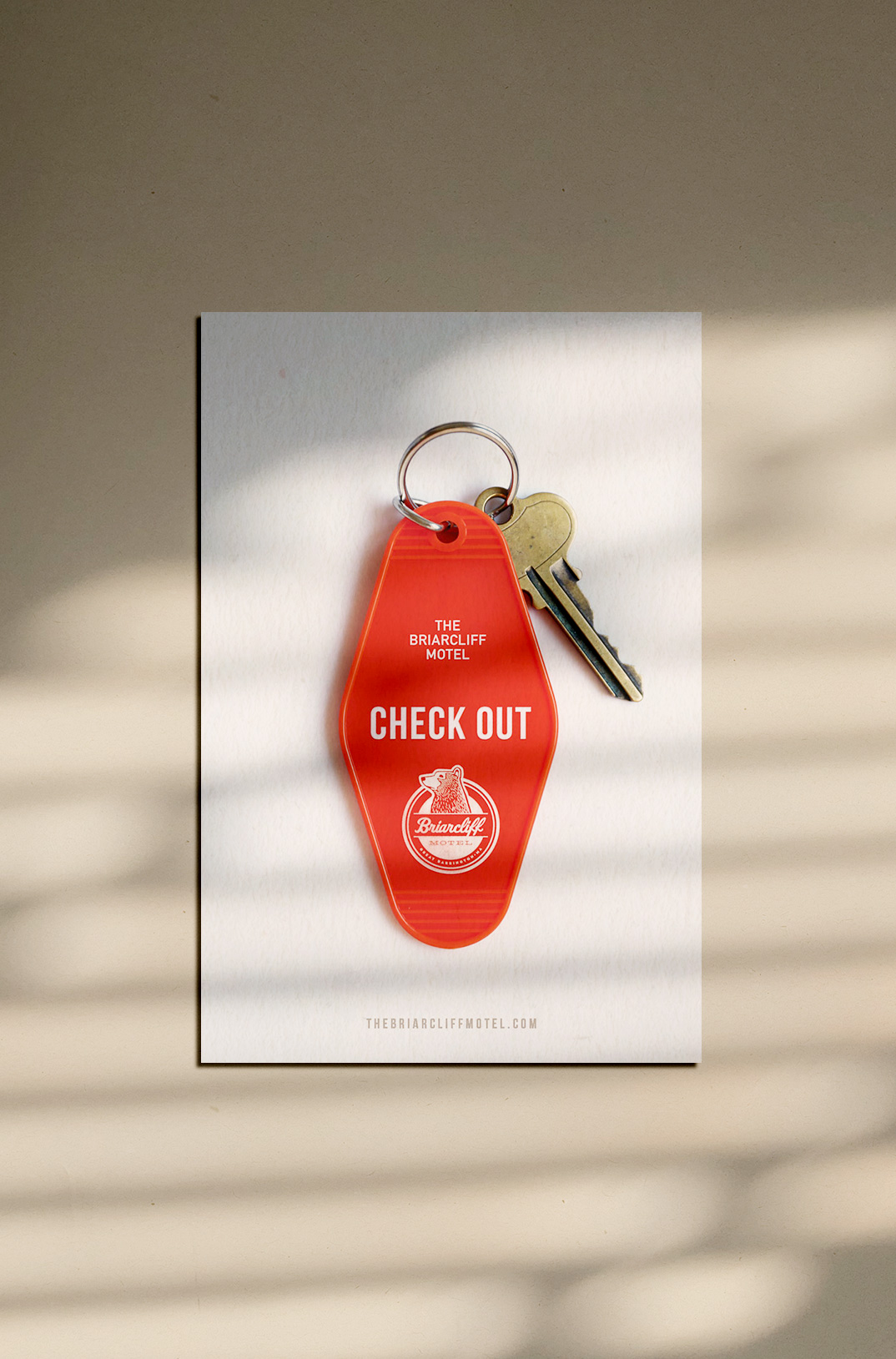 Printed social media push postcard. Vintage motel keyfob photography and illustration with branding. Check out . Design by Brittany Hurdle beckon webeckon